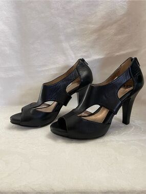 Dressy Black Leather Heels Open-Toe Cutout Peep Toe High Heel Sandals office sir